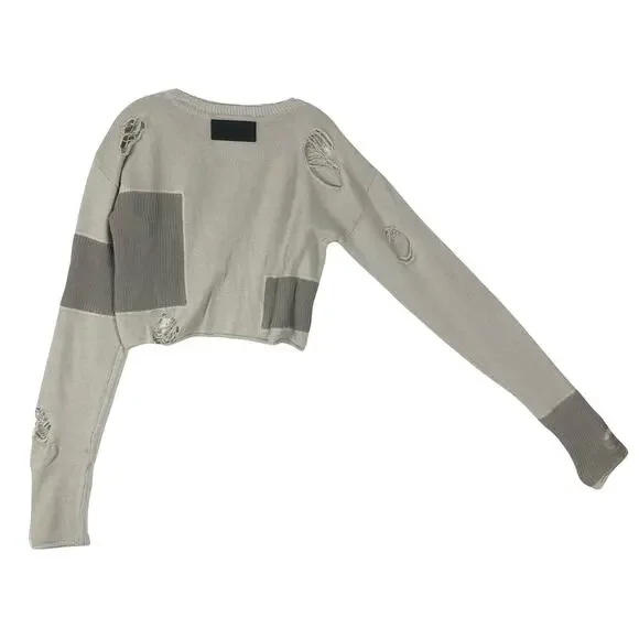 NWOT DARKER WAVS Sweater M Grey Colorblock Patchwork Distressed Oversized Crop